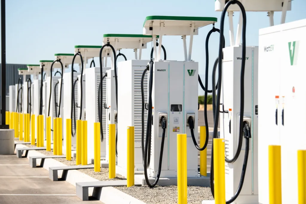 Line of WattEV electric semi charging ports