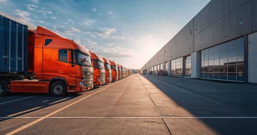 Fleet of red cab semi trucks for freight in a line next to a building